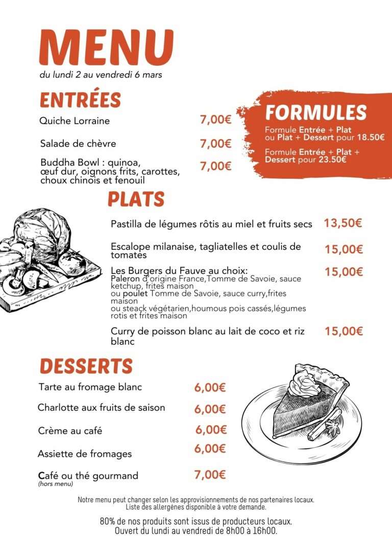 Menu du 2 au 6 mars au restaurant Fauve à Norroy-le-Veneur
