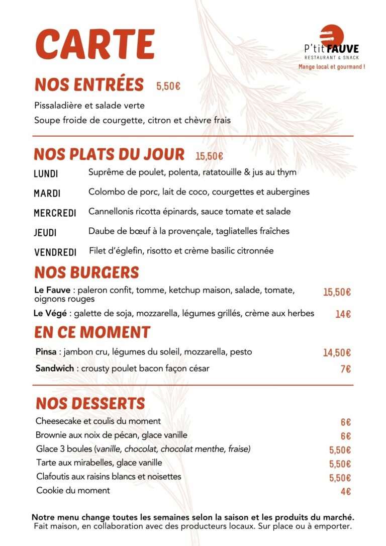 Menu du lundi 14 au vendredi 18 septembre au restaurant P'tit Fauve Nancy