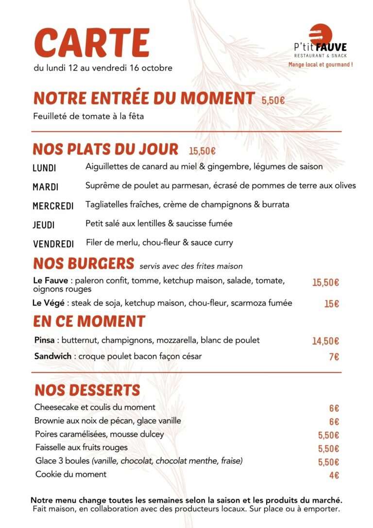 Menu du restaurant P'tit Fauve Nancy du 12 au 16 octobre