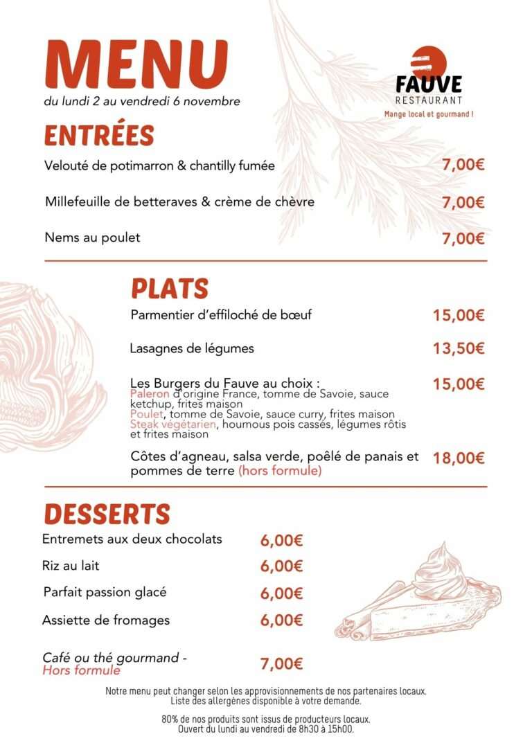 Menu du lundi 2 au vendredi 6 novembre au restaurant Fauve