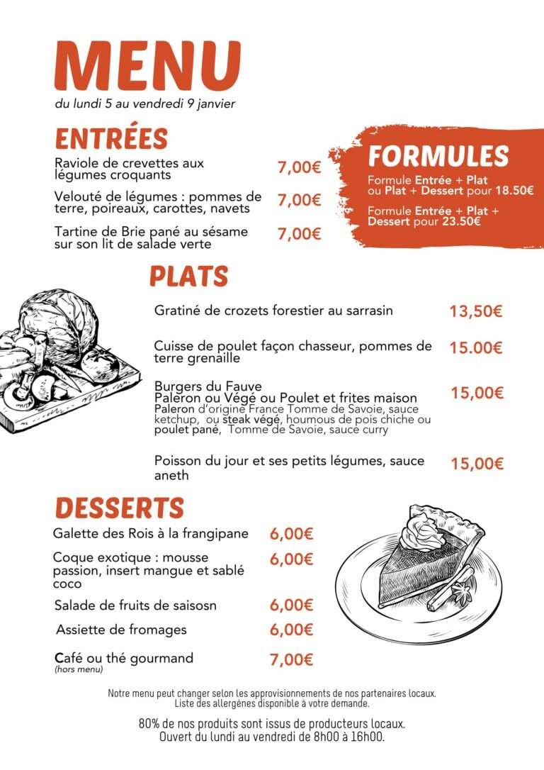 menu restaurant Fauve Norroy semaine du 5 janvier 2026