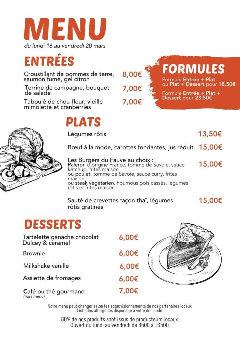 Menu restaurant Fauve du lundi 16 au vendredi 20 mars