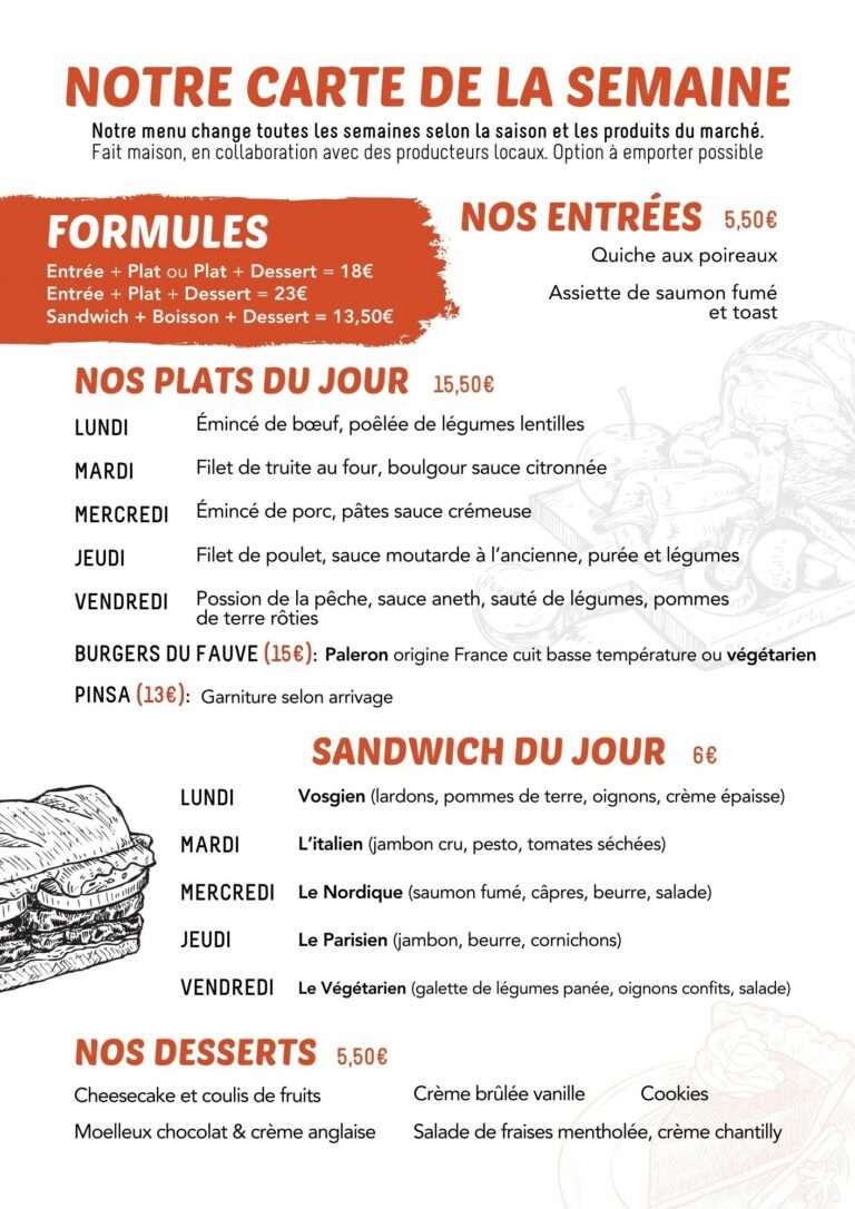 Carte de la semaine du 16 mars pour le restaurant P'tit Fauve Nancy