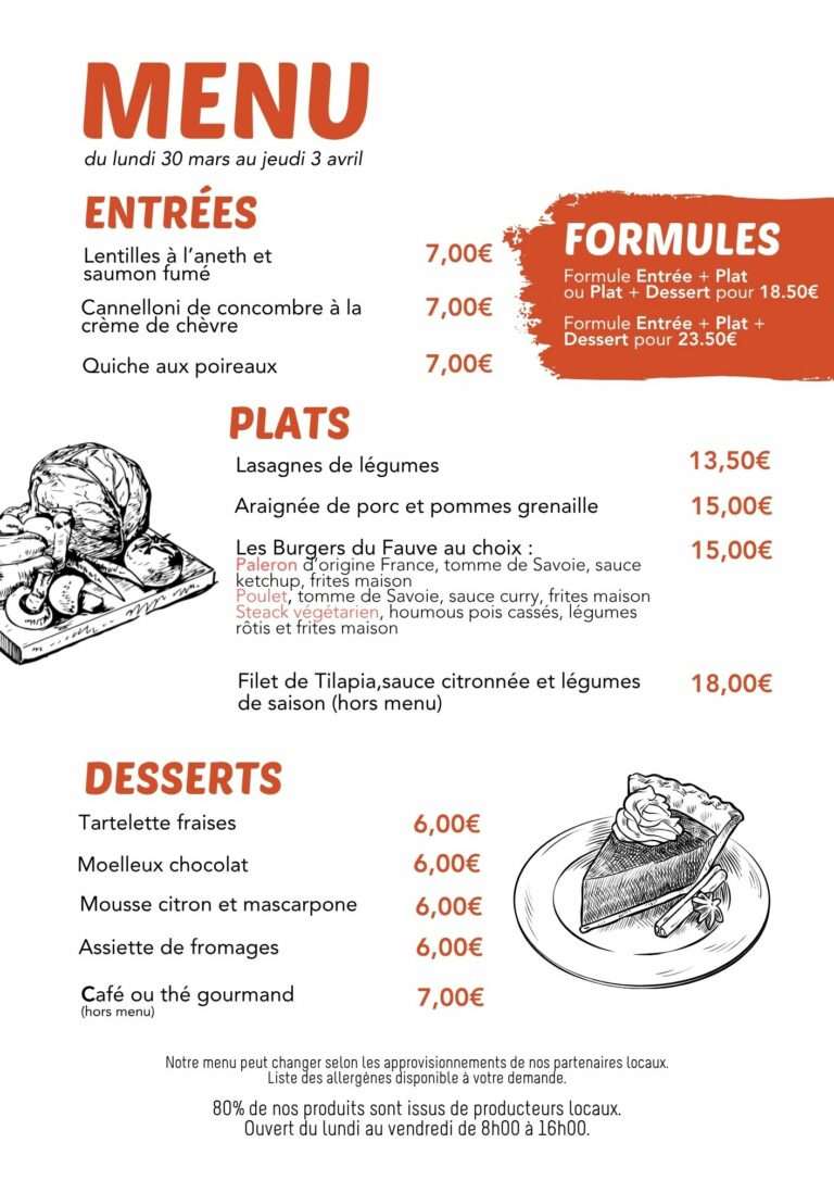 Menu du restaurant Fauve Norroy du lundi 30 mars au jeudi 3 avril