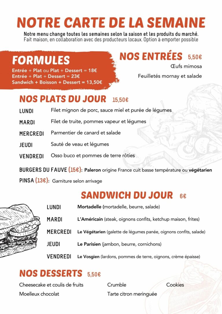 Carte du restaurant P'tit Fauve Nancy du lundi 30 mars au vendredi 4 avril