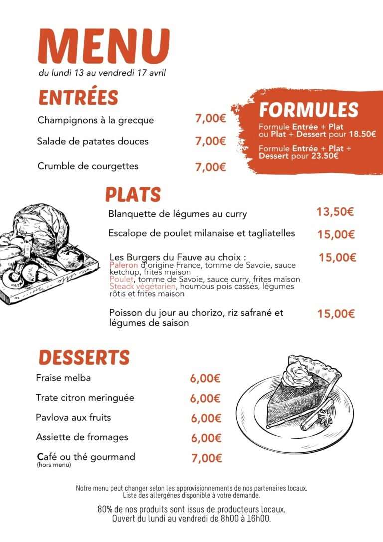 Menu du lundi 13 au vendredi 17 avril au restaurant Fauve Norory