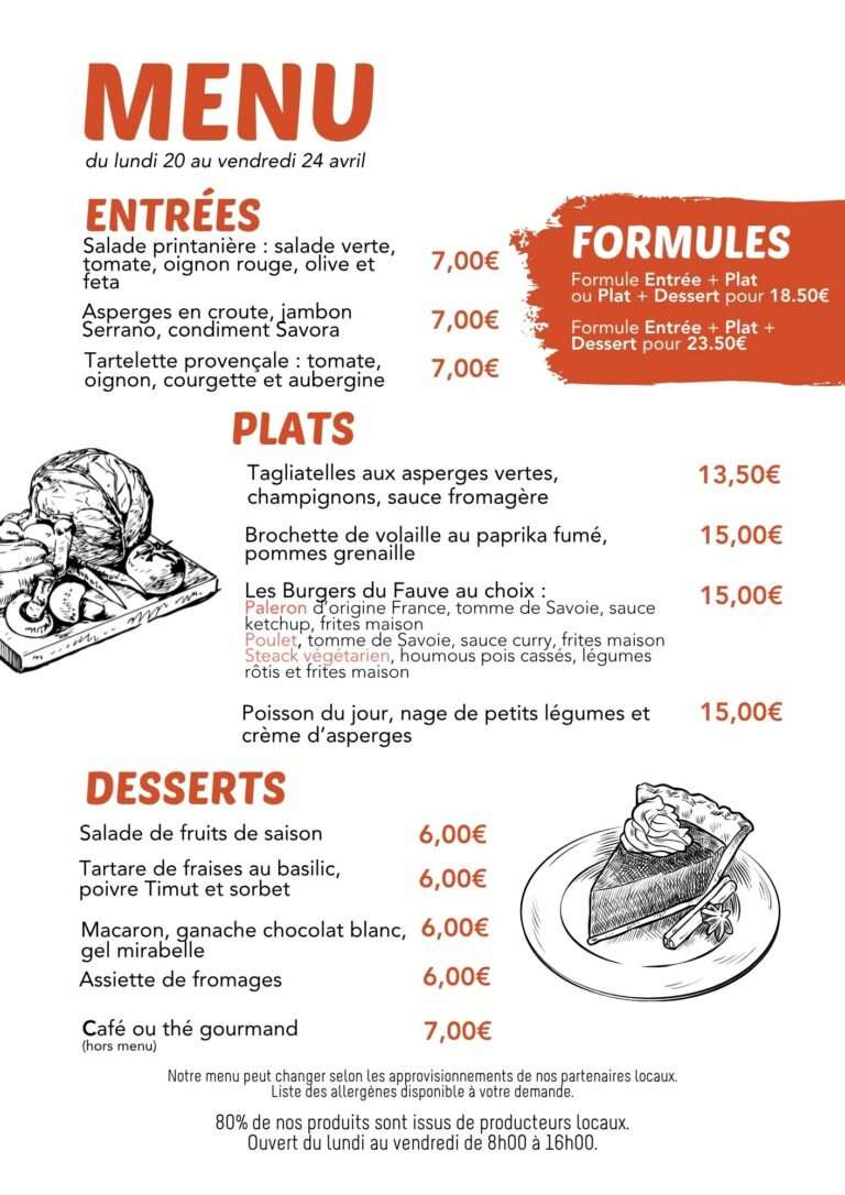 Menu du lundi 20 au vendredi 17 avril restaurant Fauve