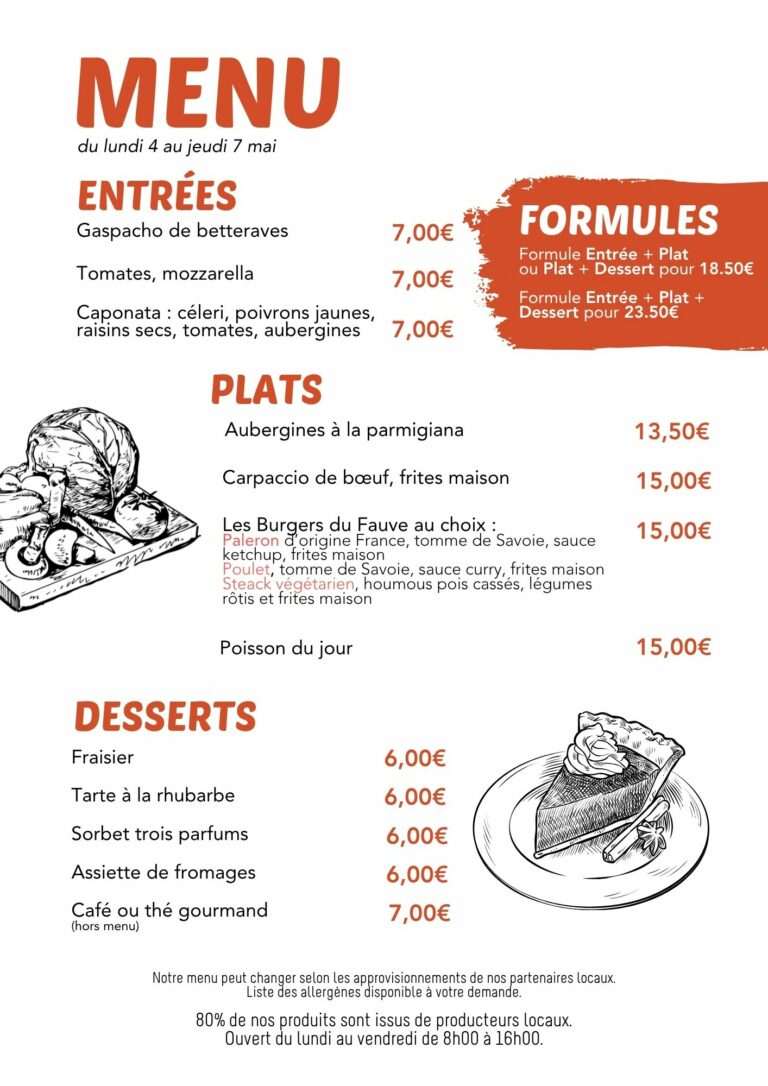 Menu du lundi 4 au jeudi 7 mai au restaurant Fauve à Norroy