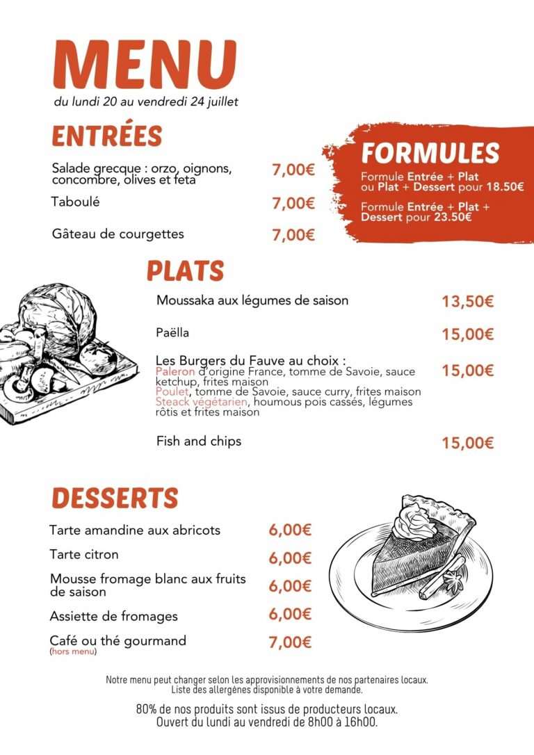 Menu du lundi 20 au vendredi 24 juillet 2026 au restaurant Fauve Norroy