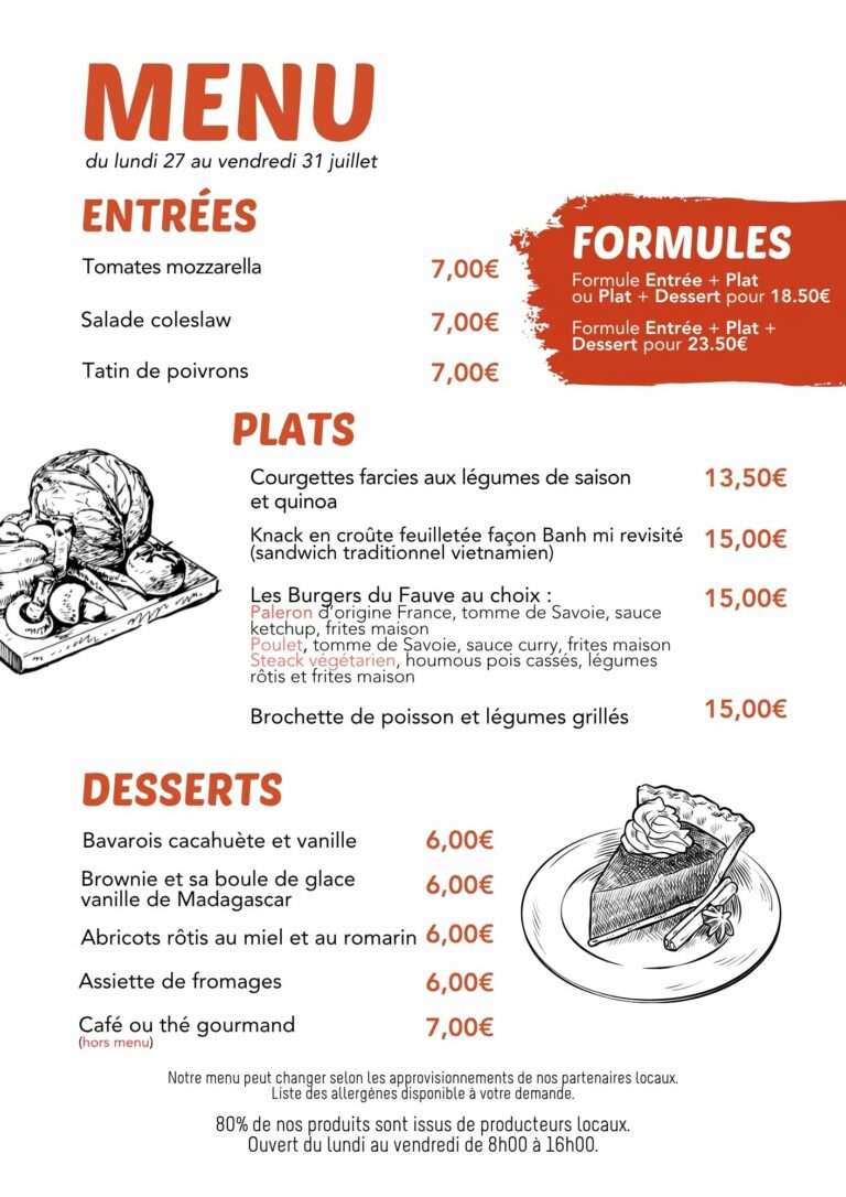 Menu du lundi 27 au vendredi 31 juillet 2026 restaurant Fauve à Norroy-le-Veneur