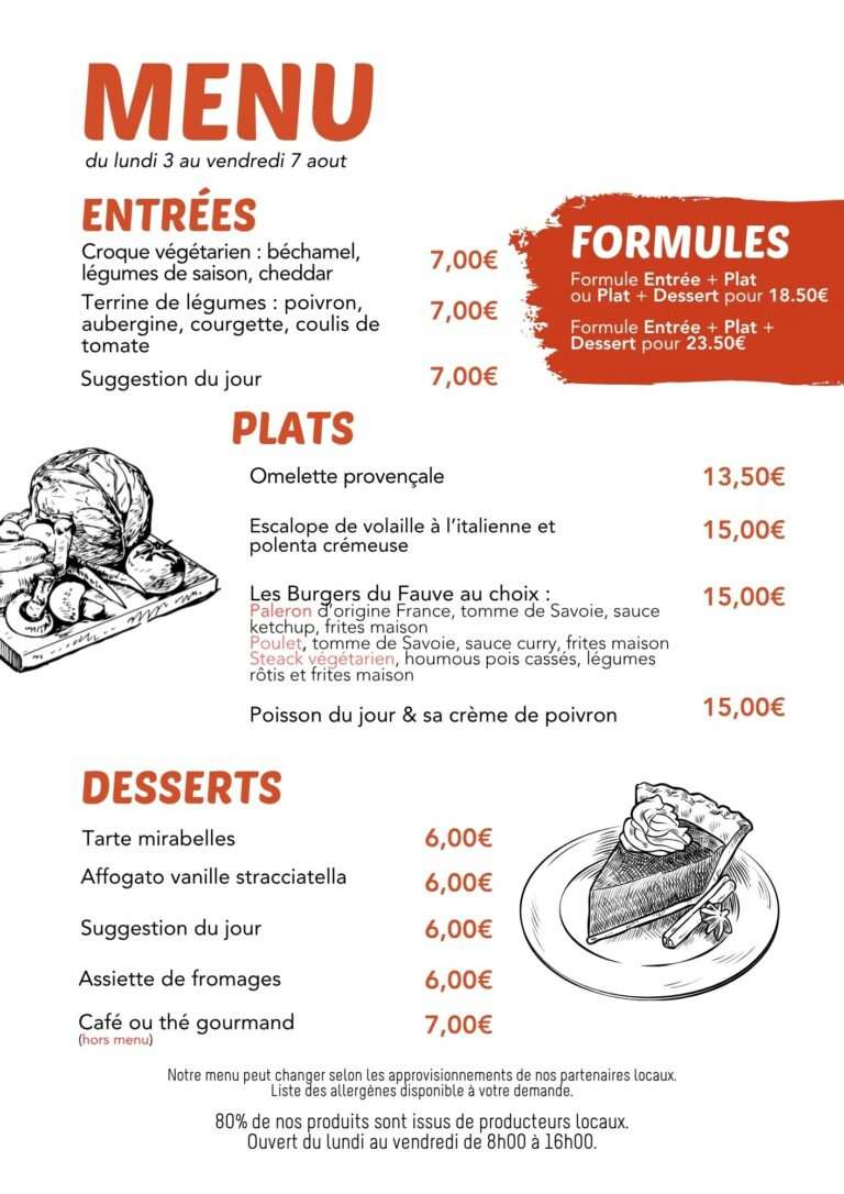 Menu du 3 au 7 août au restaurant Fauve Norroy
