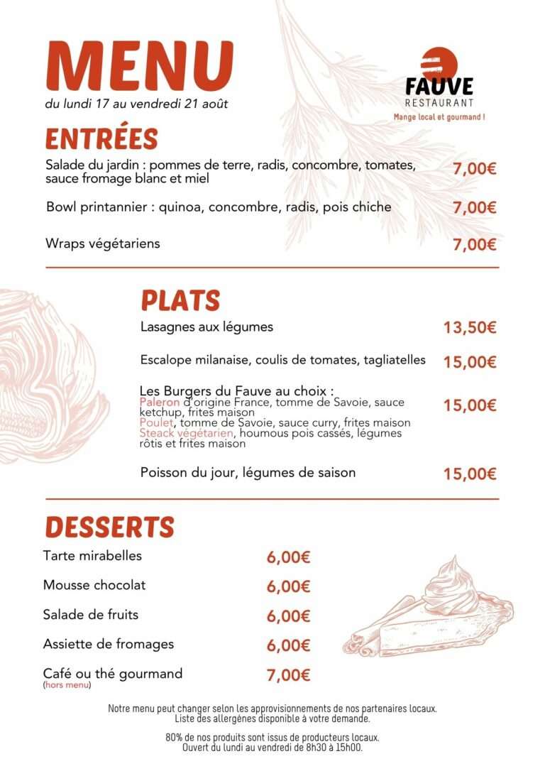 Menu du 17 au 21 août au restaurant Fauve Norroy