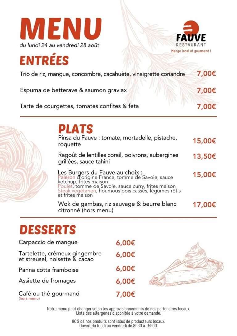 Menu du lundi au 24 au 28 août 2026 du restaurant Fauve Norroy