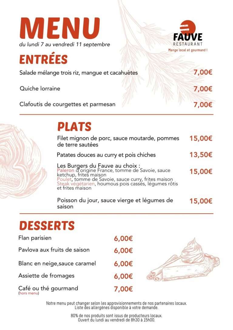 Menu du lundi 7 au vendredi 11 septembre 2026 du restaurant Fauve Norroy