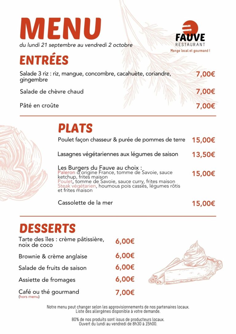Menu du 21 septembre au 2 octobre au restaurant Fauve Norroy