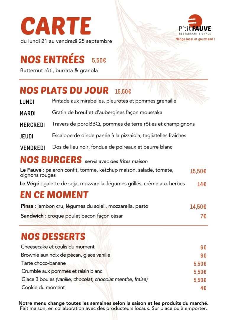 Menu restaurant P'tit Fauve du 21 au 25 septembre.