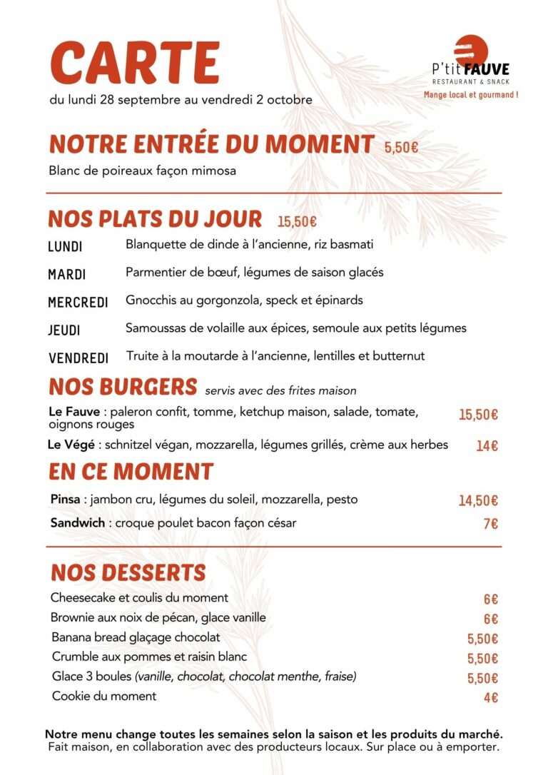 Menu du P'tit Fauve Nancy du 28 septembre au 2 octobre