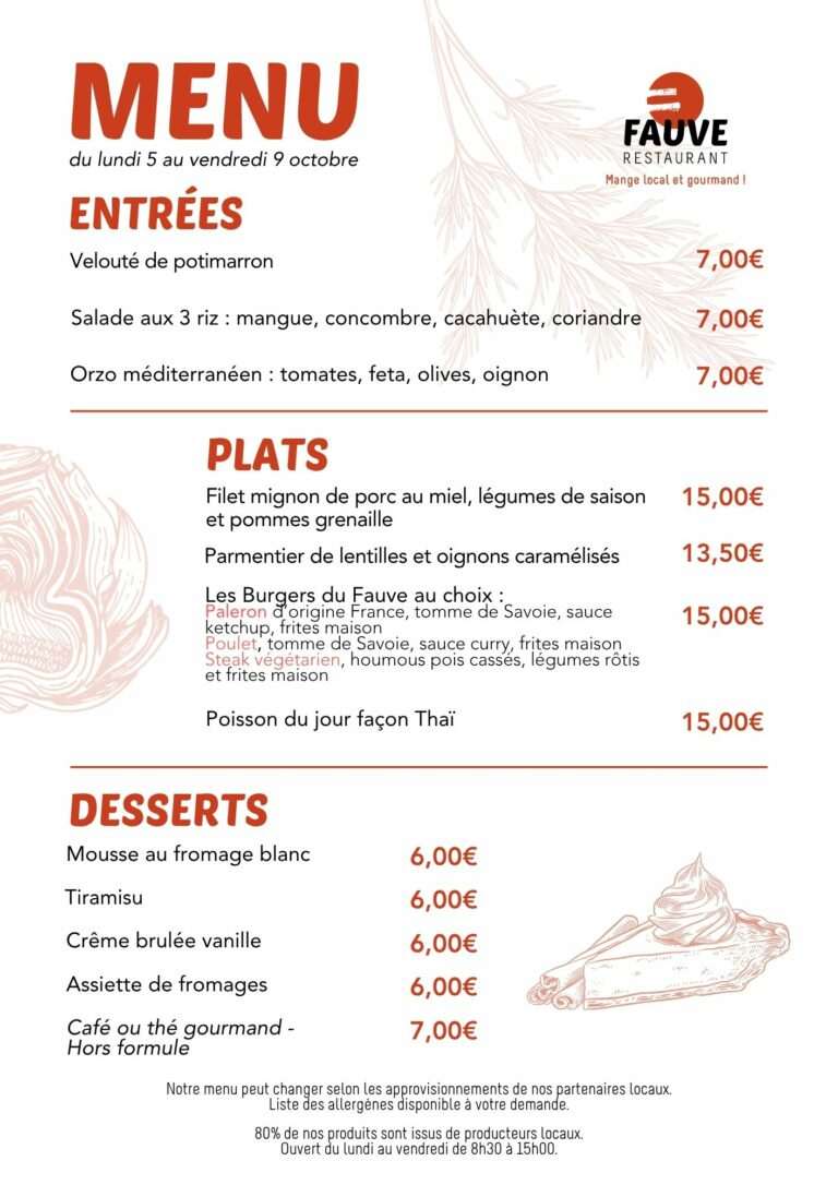 Menu du lundi 5 au vendredi 9 octobre 2026 au restaurant Fauve Norroy