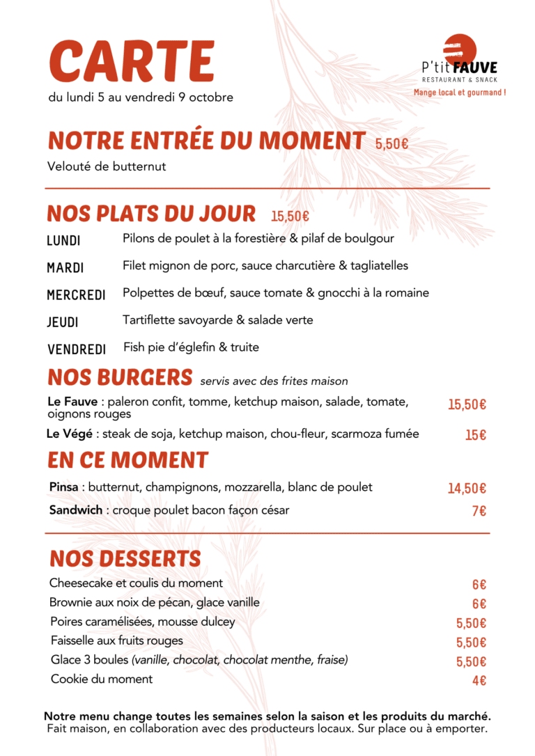 Menu du lundi 5 au vendredi 9 octobre au restaurant P'tit Fauve Nancy