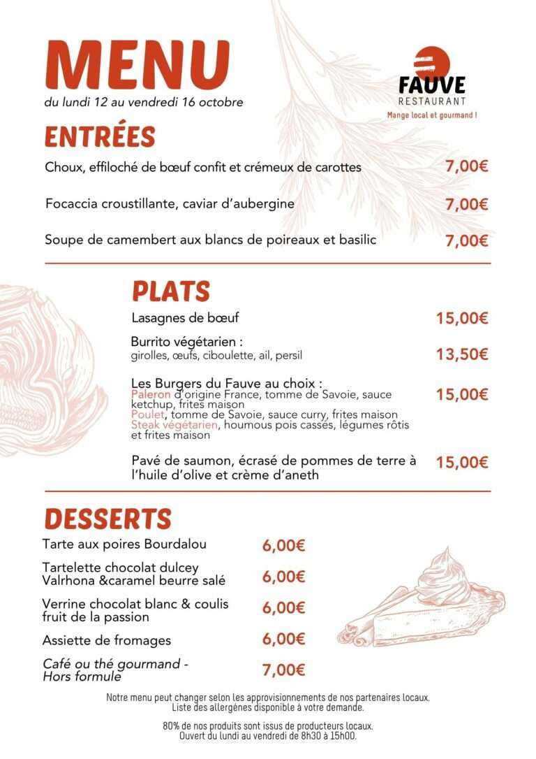 Menu du restaurant Fauve du lundi 12 au vendredi 16 octobre.
