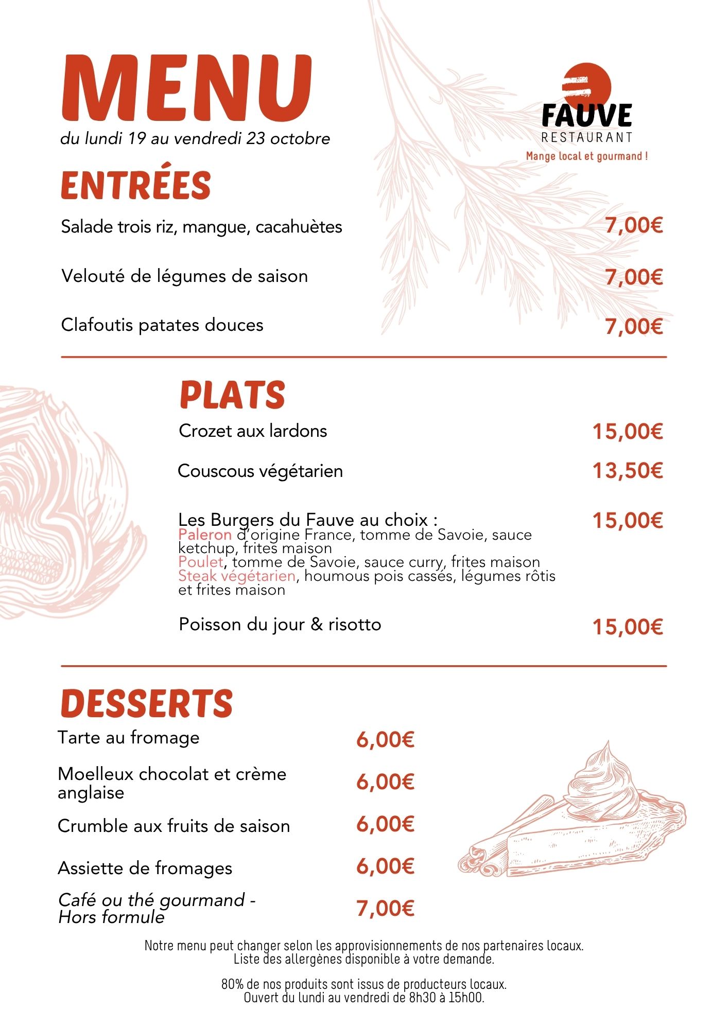 Menu du lundi 19 au vendredi 23 octobre au restaurant P'tit Fauve Nancy