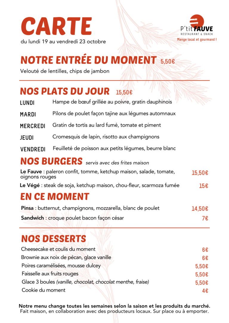 Menu du lundi 19 au vendredi 23 octobre au restaurant Fauve Norroy